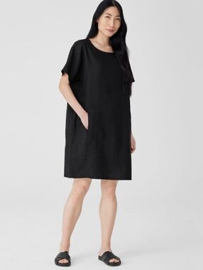 Eileen Fisher Linen Ballet Neck Shift Dress M Black Minimalist